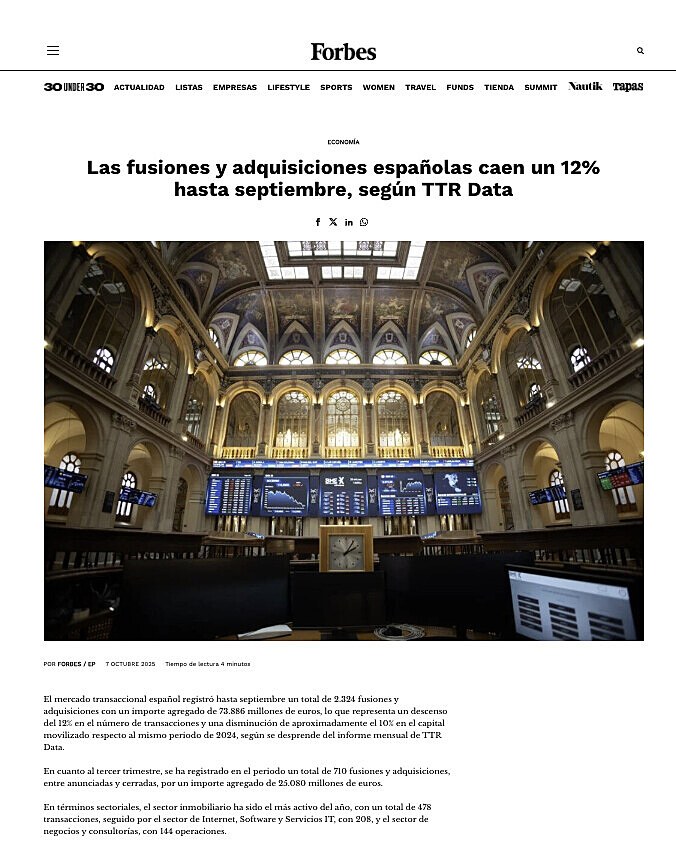Las fusiones y adquisiciones espaolas caen un 12% hasta septiembre, segn TTR Data
